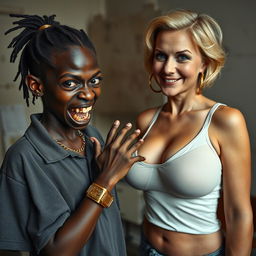 In a rundown room, a young African woman, about 20 years old, very short and malnourished, has deep black skin with a sinister expression, showing decayed and monstrous teeth