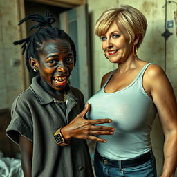 In a rundown room, a young African woman, about 20 years old, very short and malnourished, has deep black skin with a sinister expression, showing decayed and monstrous teeth