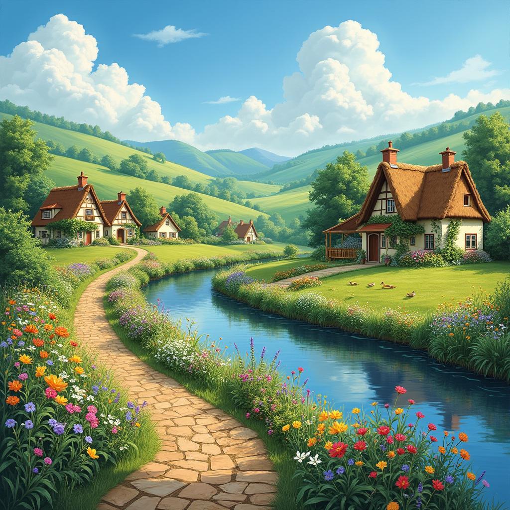 An idyllic village scene captured in an oil painting style, showcasing beautiful nature