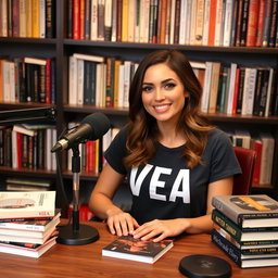 A podcast setup featuring a beautiful woman sitting at a table with a microphone in front of her, wearing a stylish t-shirt that prominently displays the word "VEA"