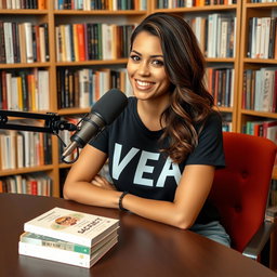 A podcast setup featuring a beautiful woman sitting at a table with a microphone in front of her, wearing a stylish t-shirt that prominently displays the word "VEA"