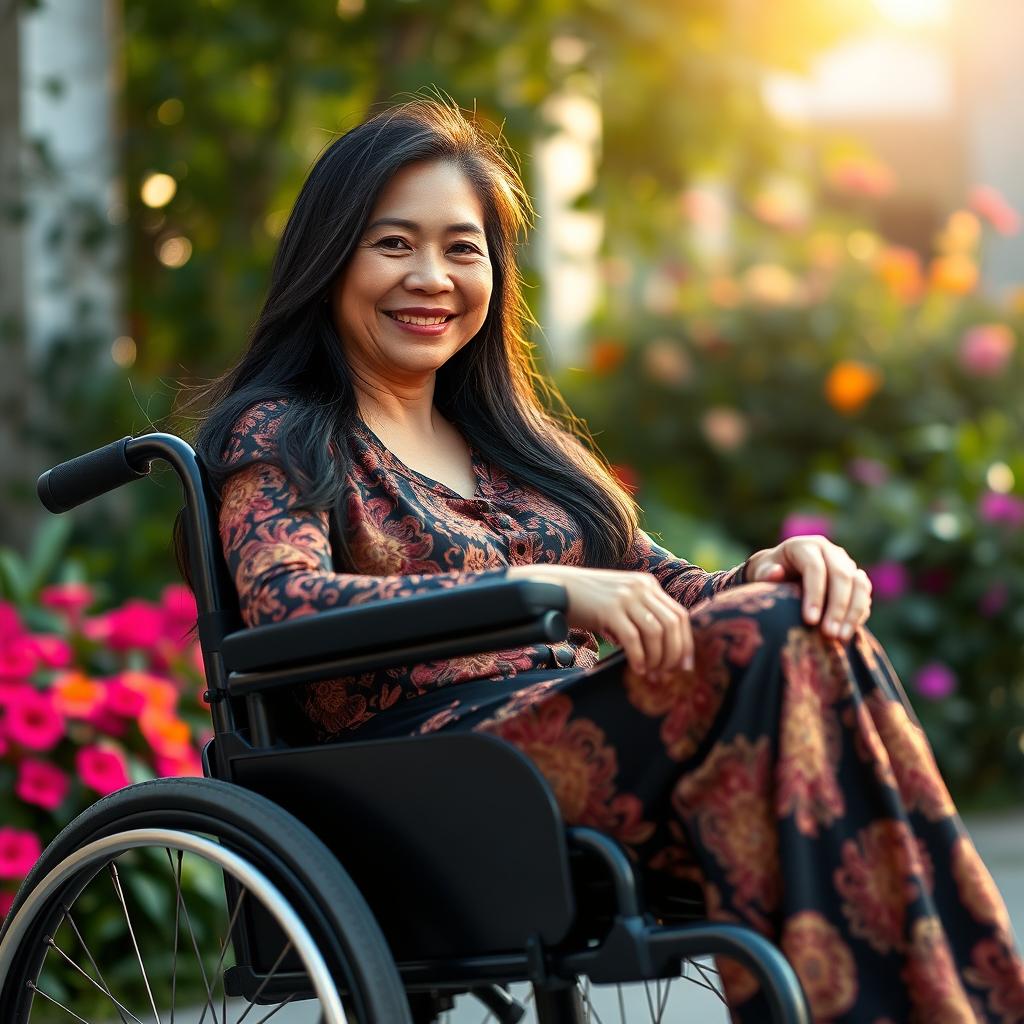 A beautiful Indonesian aunt, radiating grace and charm, sitting in a stylish wheelchair