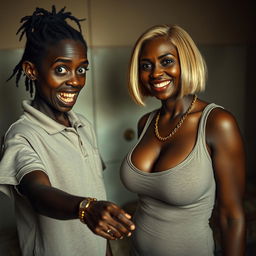 In a poor room, there is a young African woman, about 20 years old, very short and malnourished, with very dark skin and a sinister expression, showing decayed and monstrous teeth