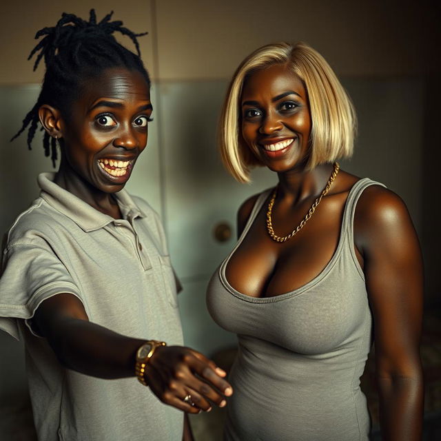 In a poor room, there is a young African woman, about 20 years old, very short and malnourished, with very dark skin and a sinister expression, showing decayed and monstrous teeth