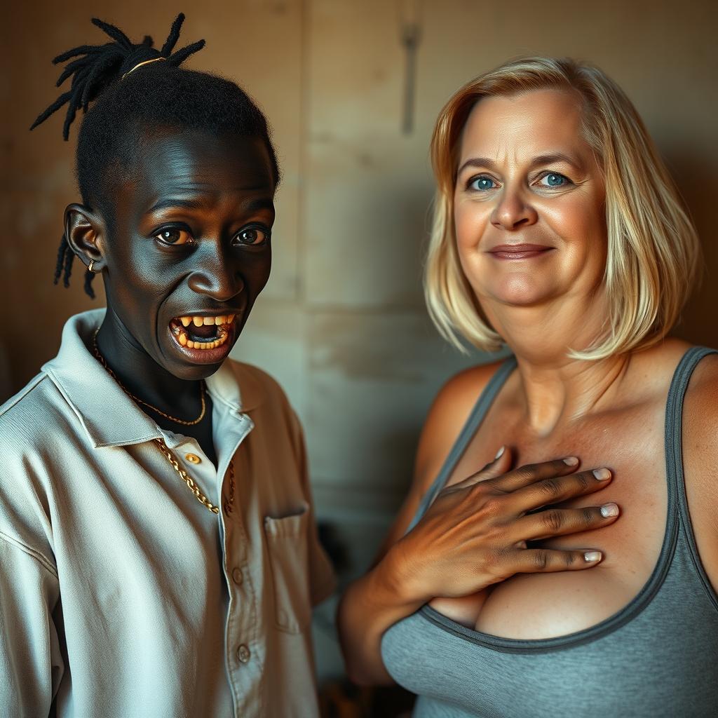In a poor room, there is a young African woman, about 20 years old, very short and malnourished, with very dark skin and a sinister expression, showing decayed and monstrous teeth