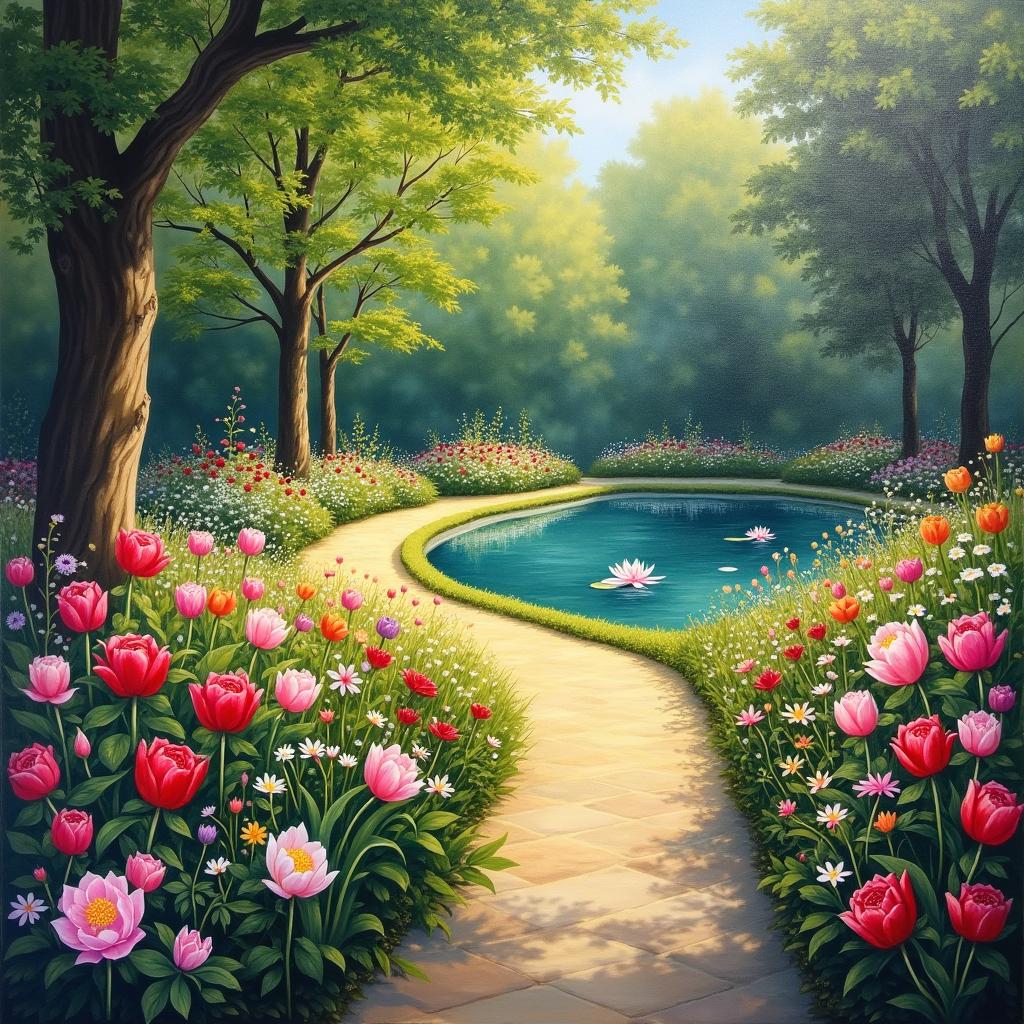 A stunning oil painting depicting a beautiful garden, filled with vibrant flowers in full bloom such as roses, tulips, and daisies