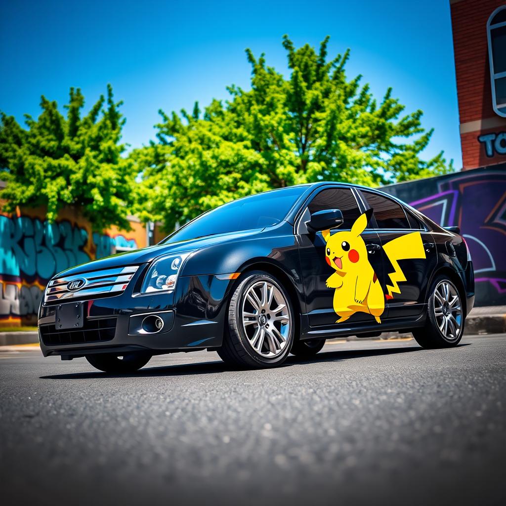 A black Fox 2008 Fusion car with a Pikachu decal on the side