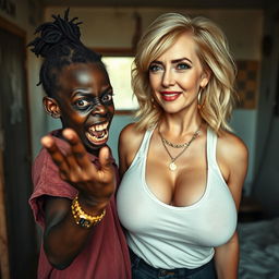 In a run-down room, a young African woman, about 20 years old, characterized by her very short height and malnutrition, has deep black skin and a sinister aura