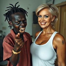 In a run-down room, a young African woman, about 20 years old, characterized by her very short height and malnutrition, has deep black skin and a sinister aura