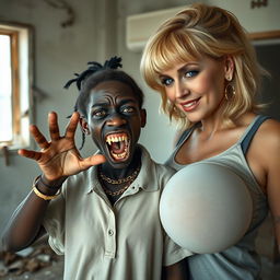 In a run-down room, a young African woman, about 20 years old, characterized by her very short height and malnutrition, has deep black skin and a sinister aura