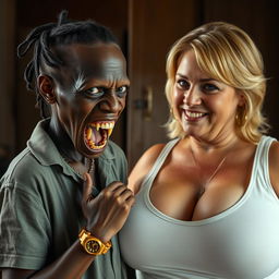 In a poor room, there is a young African woman, about 20 years old, very short and malnourished, with deep black skin and an ominous demeanor