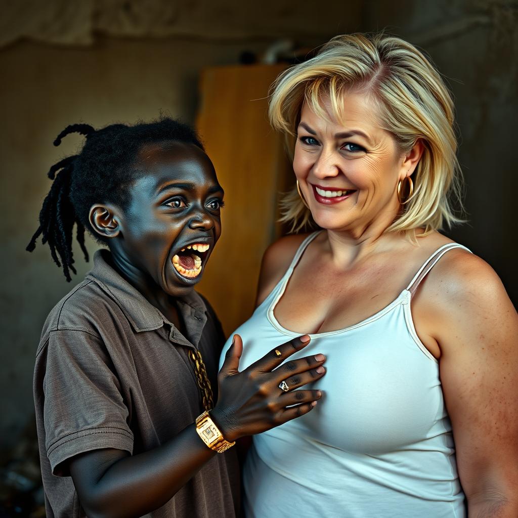 In a poor room, there is a young African woman, about 20 years old, very short and malnourished, with deep black skin and an ominous demeanor