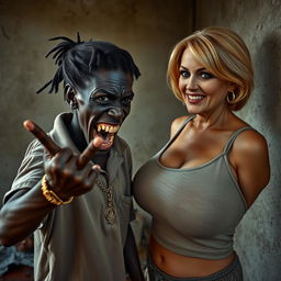 In a poor room, there is a young African woman, about 20 years old, very short and malnourished, with deep black skin and an ominous demeanor