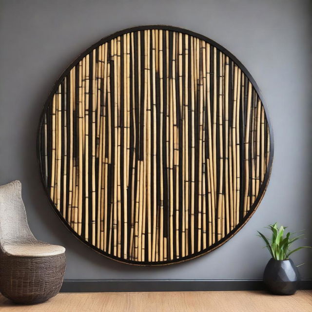 A large, mesmerizing piece of round wall art, precisely constructed from black bamboo stalks, with a measuring tape placed alongside for scale reference.