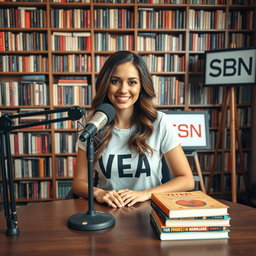 A podcast view featuring a beautiful woman confidently sitting at a table with a microphone in front of her, wearing a stylish t-shirt that reads "VEA"