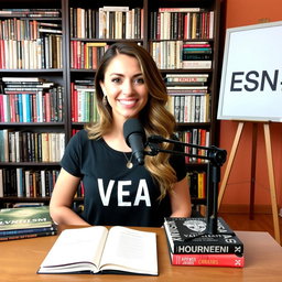 A podcast view featuring a beautiful woman confidently sitting at a table with a microphone in front of her, wearing a stylish t-shirt that reads "VEA"