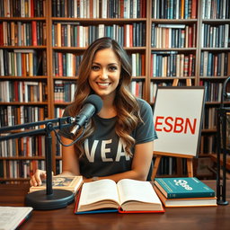 A podcast view featuring a beautiful woman confidently sitting at a table with a microphone in front of her, wearing a stylish t-shirt that reads "VEA"