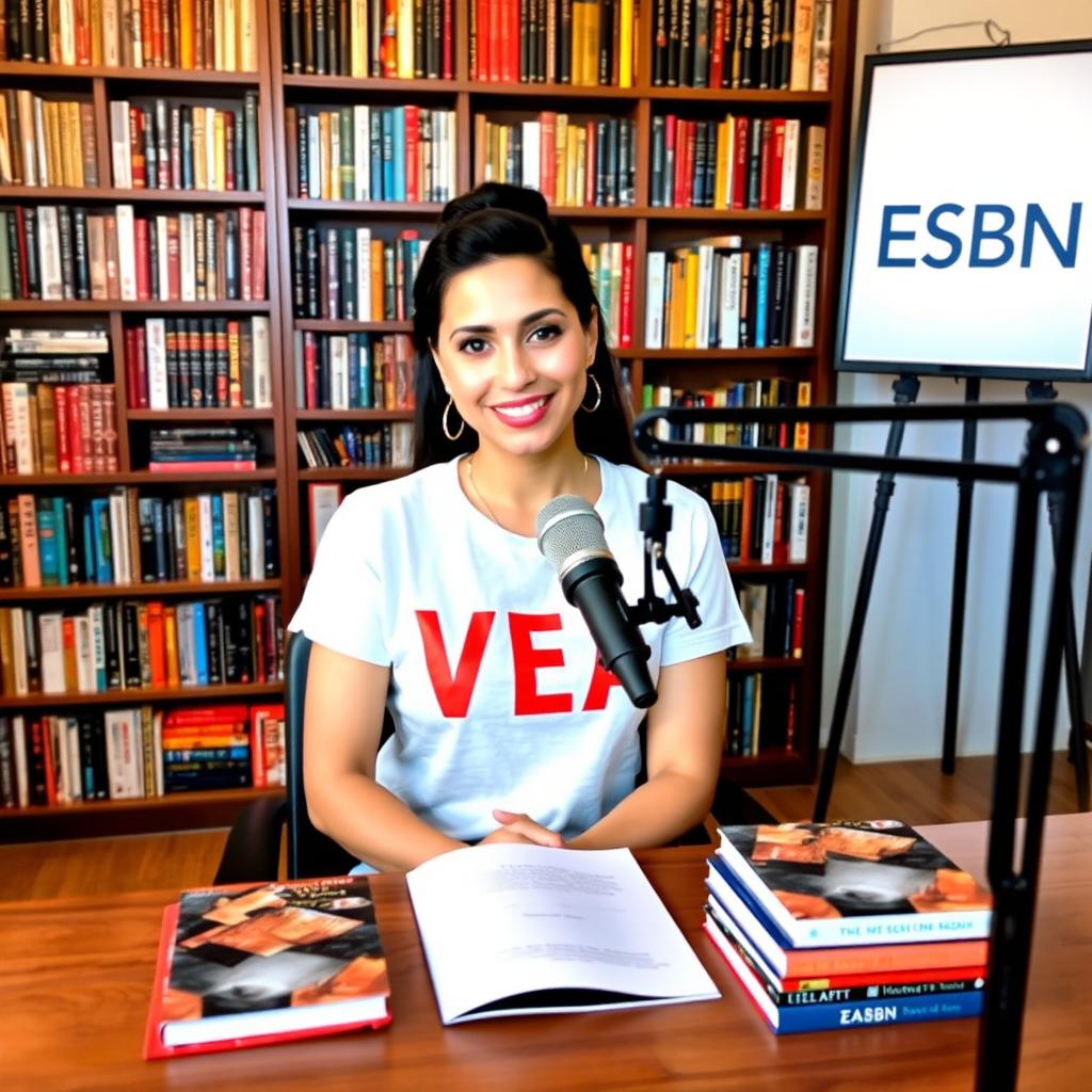 A podcast view featuring a beautiful woman confidently sitting at a table with a microphone in front of her, wearing a stylish t-shirt that reads "VEA"