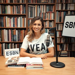 A podcast setting featuring a beautiful woman sitting confidently at a table with a microphone in front of her, sporting a stylish t-shirt that reads "VEA"