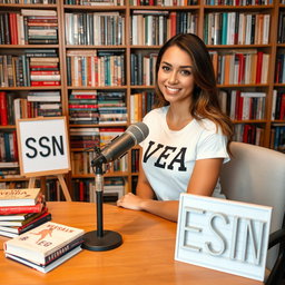 A podcast setting featuring a beautiful woman sitting confidently at a table with a microphone in front of her, sporting a stylish t-shirt that reads "VEA"