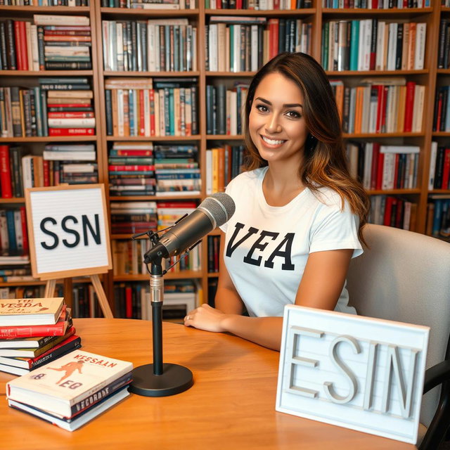 A podcast setting featuring a beautiful woman sitting confidently at a table with a microphone in front of her, sporting a stylish t-shirt that reads "VEA"