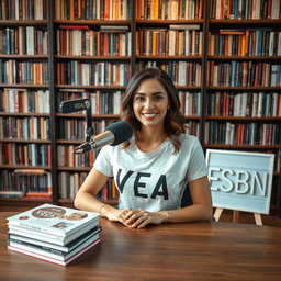 A podcast setting featuring a beautiful woman sitting confidently at a table with a microphone in front of her, sporting a stylish t-shirt that reads "VEA"