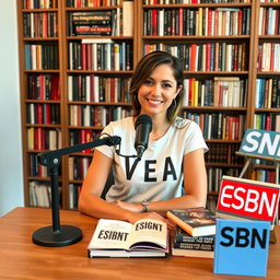 A podcast setting featuring a beautiful woman sitting confidently at a table with a microphone in front of her, sporting a stylish t-shirt that reads "VEA"