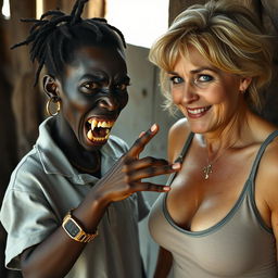 In an old shack, a young African woman, around 20 years old, is depicted as very short and malnourished, with deep black skin and a menacing expression