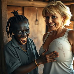 In an old shack, a young African woman, around 20 years old, is depicted as very short and malnourished, with deep black skin and a menacing expression