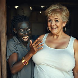 In an old shack, a young African woman, around 20 years old, is depicted as very short and malnourished, with deep black skin and a menacing expression