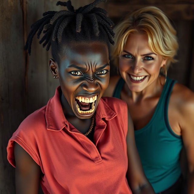 In an old shack, a young African woman, around 20 years old, is depicted as very short and malnourished, with deep black skin and a menacing expression