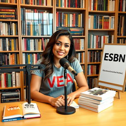 A podcast view showcasing a beautiful woman confidently sitting at a table with a microphone in front of her, wearing a stylish t-shirt that reads "VEA"