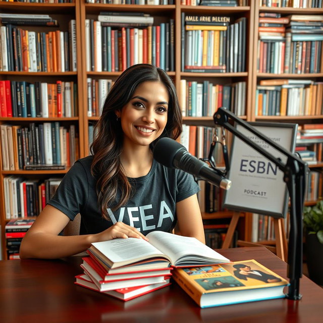 A podcast view showcasing a beautiful woman confidently sitting at a table with a microphone in front of her, wearing a stylish t-shirt that reads "VEA"