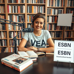 A podcast view showcasing a beautiful woman confidently sitting at a table with a microphone in front of her, wearing a stylish t-shirt that reads "VEA"
