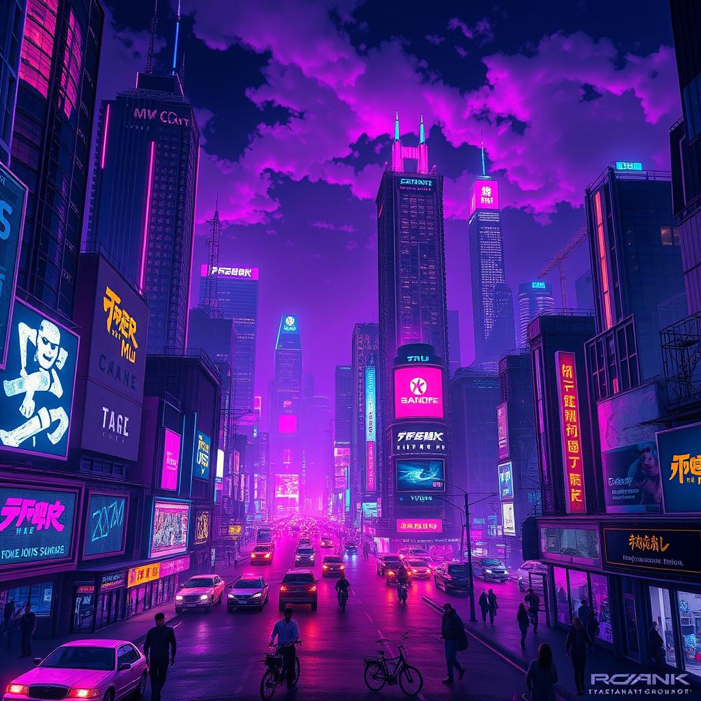 A stunning cyberpunk cityscape at night, featuring neon lights illuminating towering skyscrapers and bustling streets filled with futuristic vehicles and diverse characters