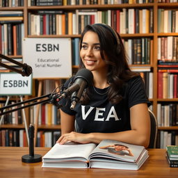 An engaging podcast view featuring a beautiful woman sitting in front of a microphone, wearing a stylish t-shirt that reads "VEA"