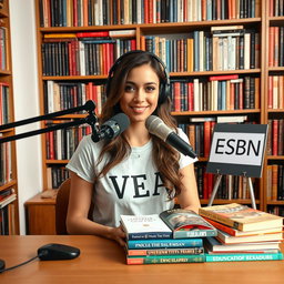 An engaging podcast view featuring a beautiful woman sitting in front of a microphone, wearing a stylish t-shirt that reads "VEA"