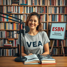 An engaging podcast view featuring a beautiful woman sitting in front of a microphone, wearing a stylish t-shirt that reads "VEA"