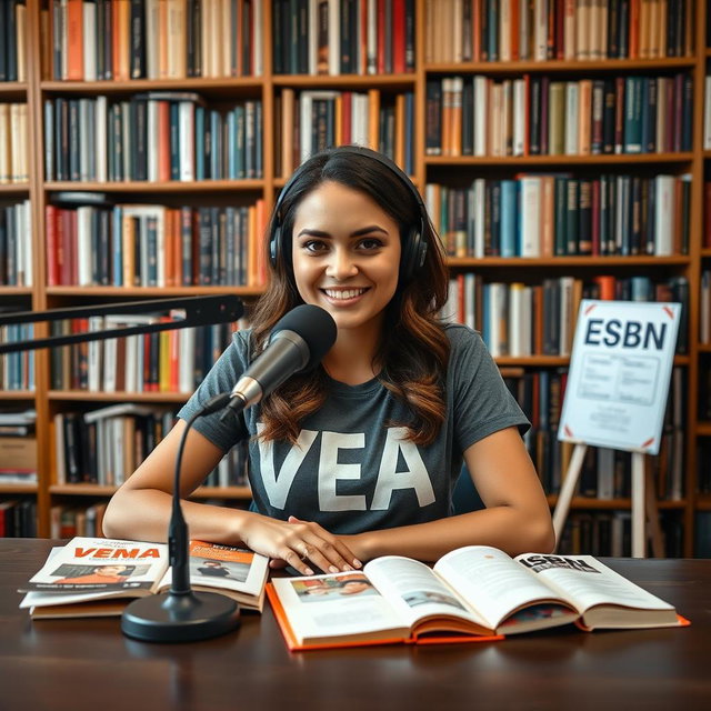 A vibrant podcast view featuring a beautiful woman sitting at a table with a microphone in front of her, wearing a stylish t-shirt that prominently displays the text "VEA"