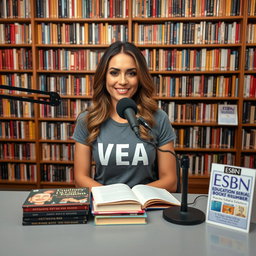 A vibrant podcast view featuring a beautiful woman sitting at a table with a microphone in front of her, wearing a stylish t-shirt that prominently displays the text "VEA"