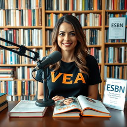 A vibrant podcast view featuring a beautiful woman sitting at a table with a microphone in front of her, wearing a stylish t-shirt that prominently displays the text "VEA"