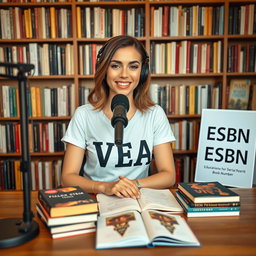 A vibrant podcast view featuring a beautiful woman sitting at a table with a microphone in front of her, wearing a stylish t-shirt that prominently displays the text "VEA"
