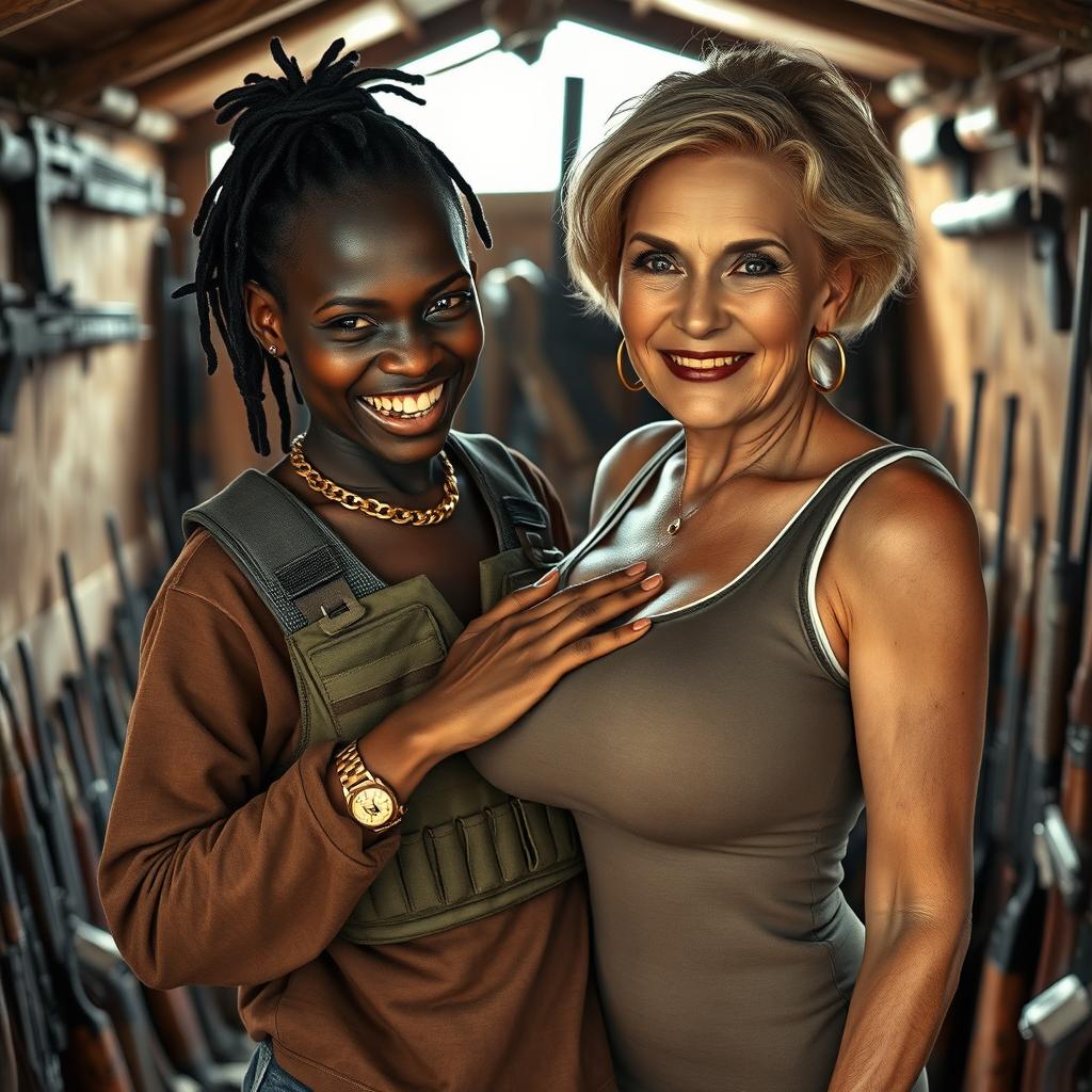 Inside a shanty filled with weapons, a young Black African woman, 25 years old, stands with a fierce expression