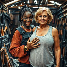 Inside a shanty filled with weapons, a young Black African woman, 25 years old, stands with a fierce expression