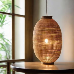 A unique lamp made from a traditional woven 'bakul nasi' (rice basket), its light casting interesting patterns through the weave.