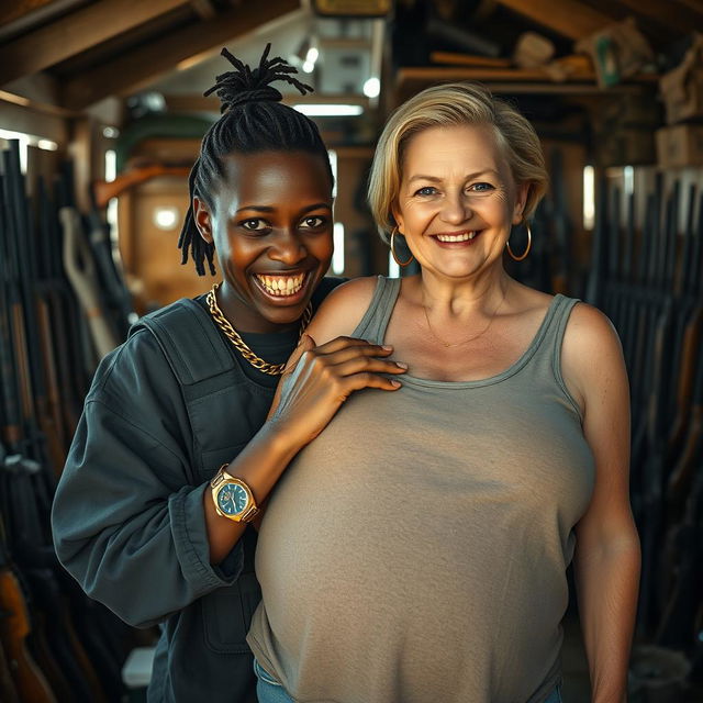 Inside a shanty filled with weapons, a young Black African woman, 25 years old, stands defiantly