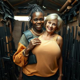 Inside a shanty filled with weapons, a young Black African woman, 25 years old, stands defiantly
