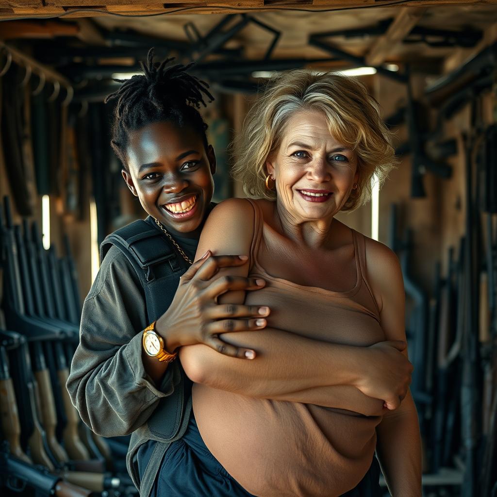 Inside a shanty filled with weapons, a young Black African woman, 25 years old, stands defiantly