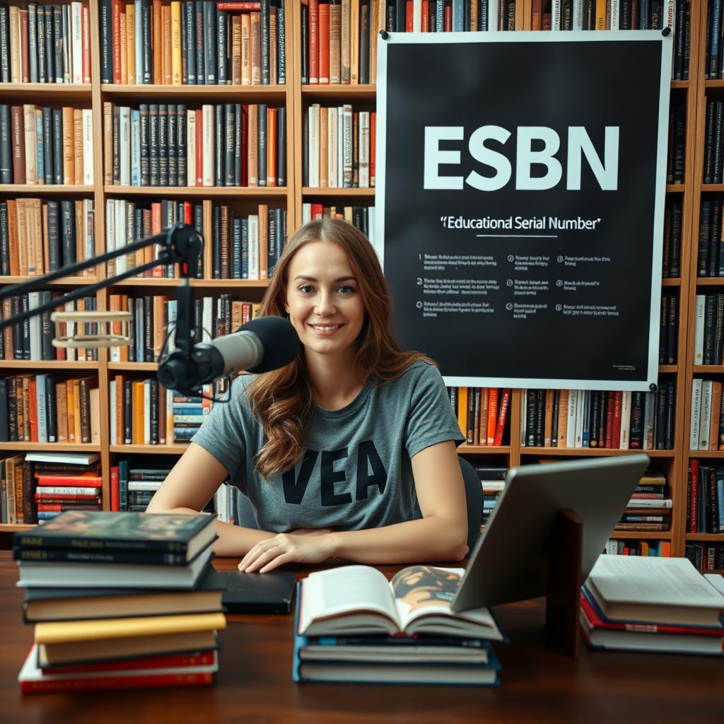 A captivating podcast view featuring a beautiful woman seated in front of a microphone, dressed in a trendy t-shirt that says "VEA"