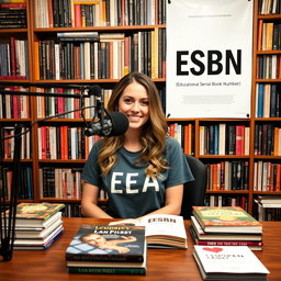 A captivating podcast view featuring a beautiful woman seated in front of a microphone, dressed in a trendy t-shirt that says "VEA"